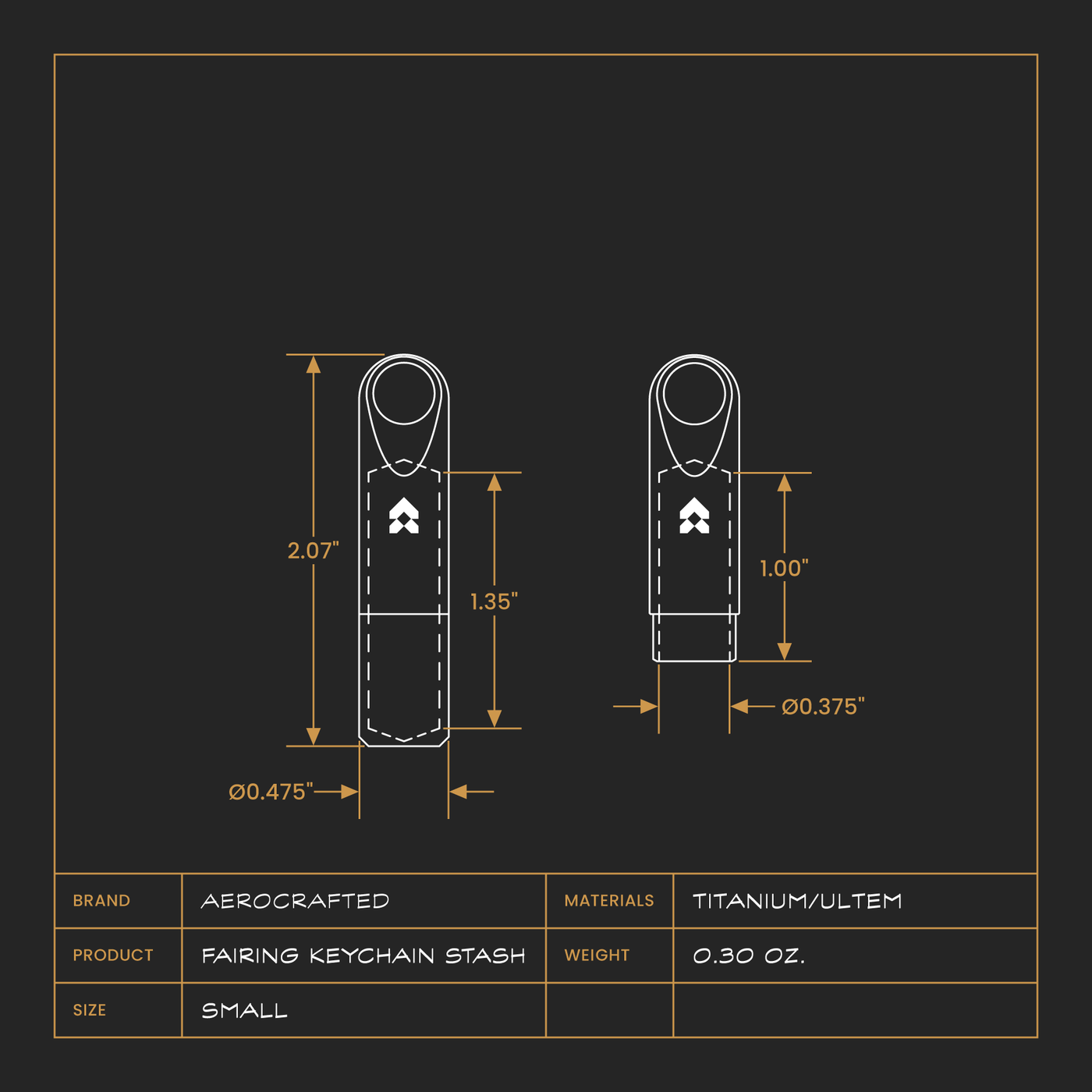 aerocrafted fairing keychain stash dimensions can hold one dollar bill and dissapear on your keychain as a minimalist keychain machined in the usa #material_titanium-ultem