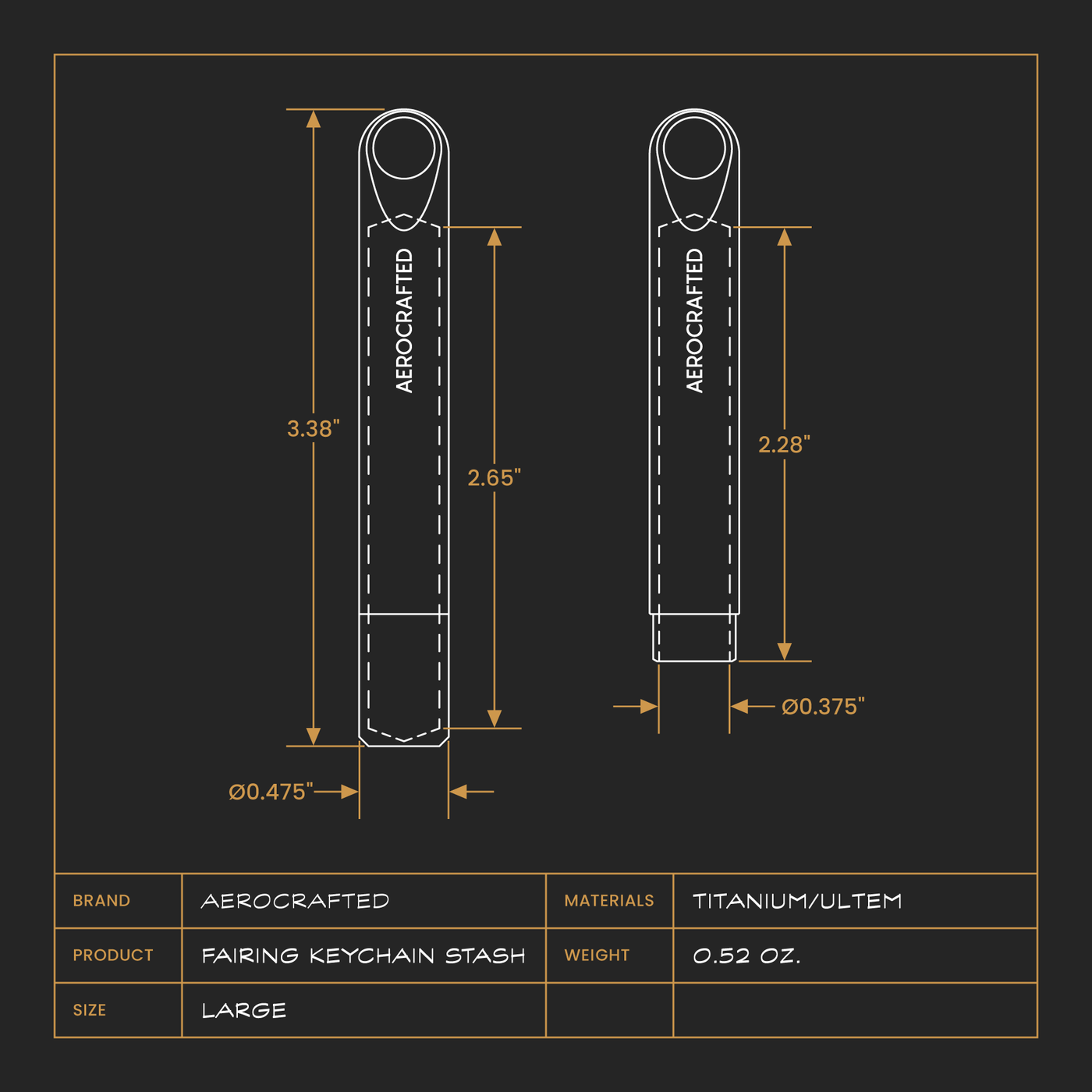 aerocrafted fairing keychain stash dimensions to hold your medicine or cash and act as a minimalist keychain  #material_titanium-ultem