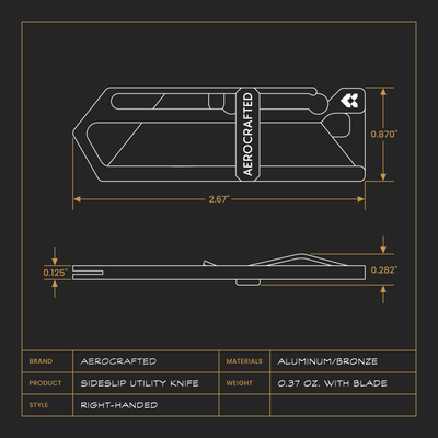 utility knife drawing to show dimensions of the purple and bronze sideslip utility knife #material_ultraviolet-aluminum-bronze