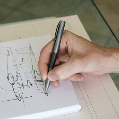 titanium edc pen is the contrail pocket pen drawing airplanes on graph paper designed by aerospace engineering company aerocrafted all made in the usa and located in San Luis Obispo California