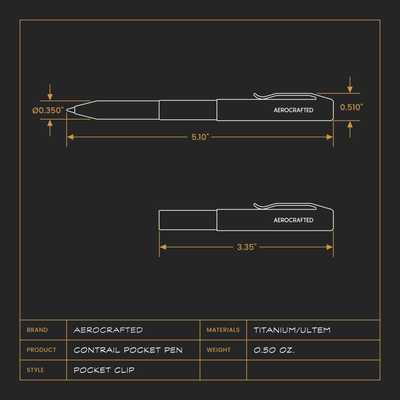 dimensions of ultra lightweight mini pocket pen the contrail is a titanium edc pen that is the perfect travel pen and made out of titanium #material_titanium-ultem