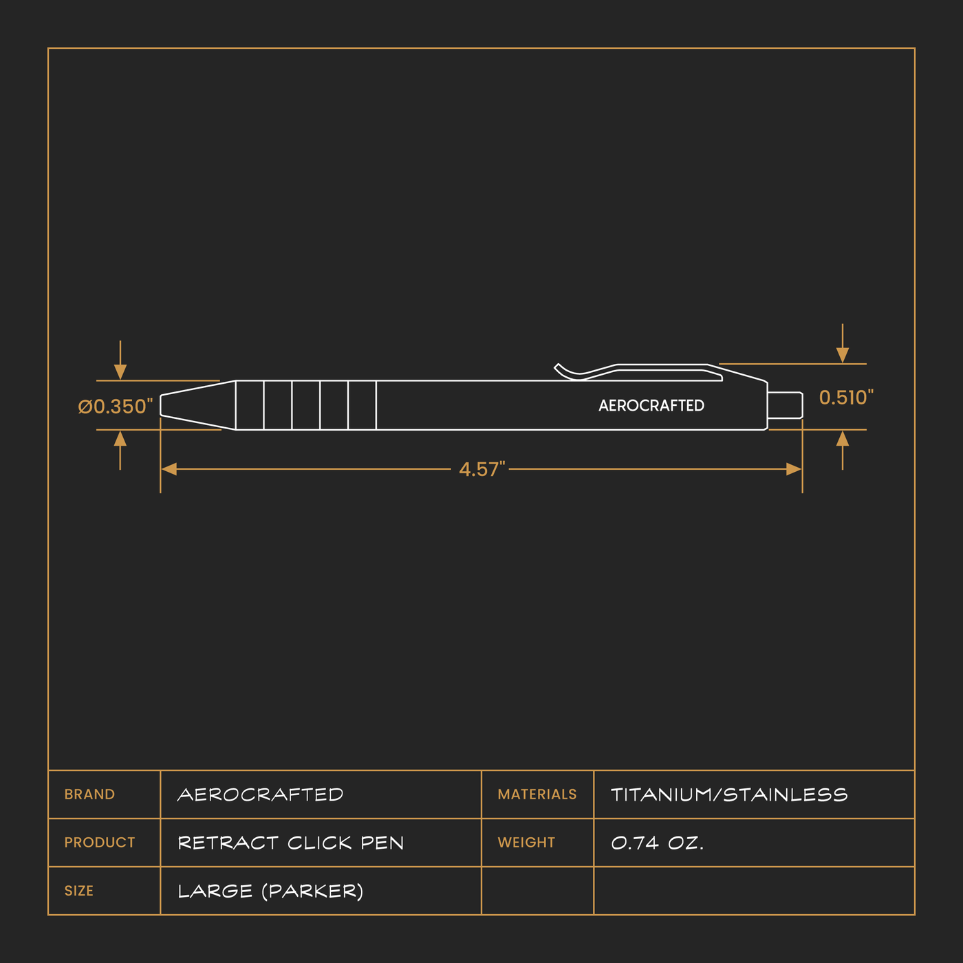 A diagram showing the measurements and details of the stainless steel and titanium click pen for the edc community #material_titanium-stainless
