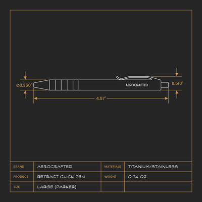 A diagram showing the measurements and details of the stainless steel and titanium click pen for the edc community #material_titanium-stainless