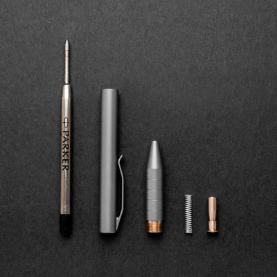 Titanium click pen is simple and easy to assemble designed with one moving bronze part and holds a parker refill ink cartridge is one of the smallest titanium pens on the market #material_titanium-bronze