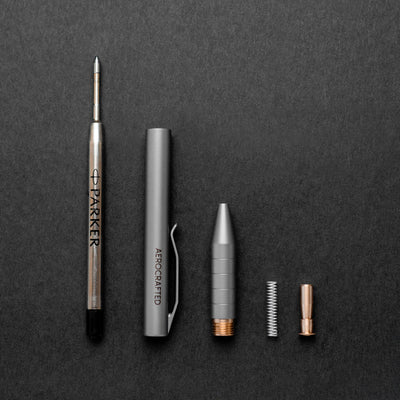 Titanium click pen is simple and easy to assemble designed with one moving bronze part and holds a parker refill ink cartridge is one of the smallest titanium pens on the market #material_titanium-bronze
