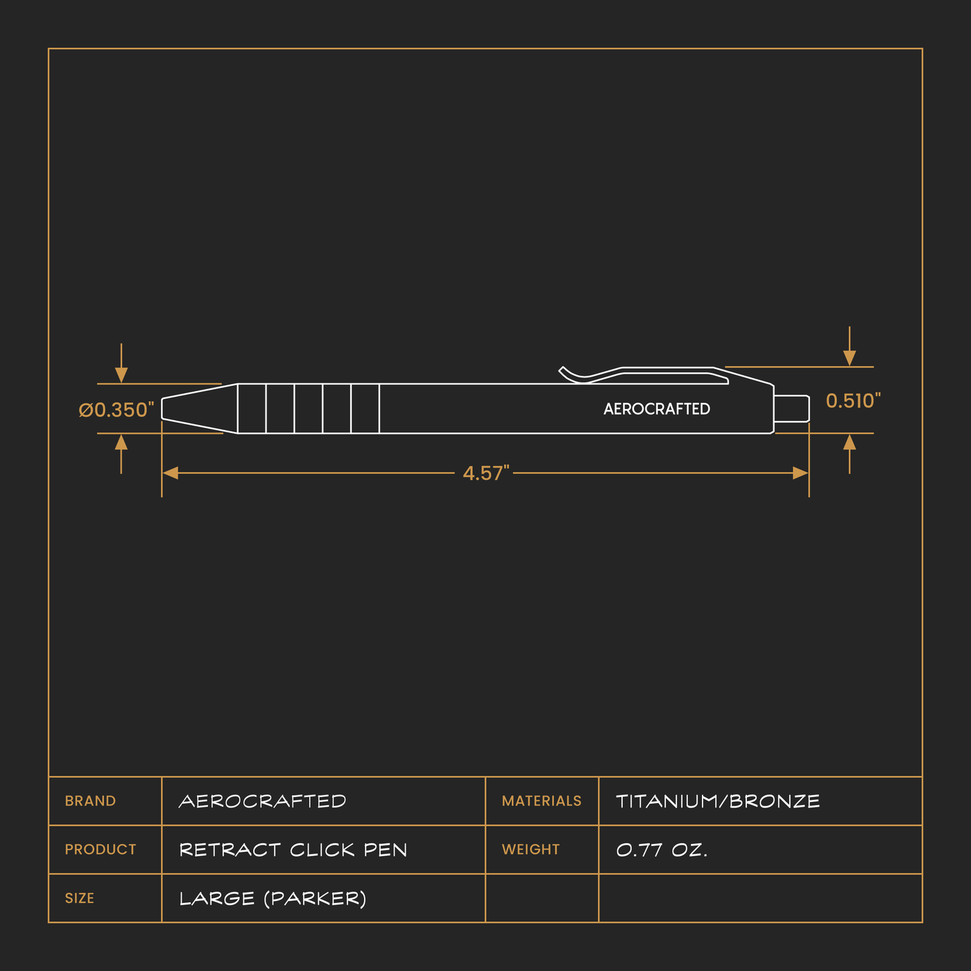 Dimensions of the Retract click pen, made out of bronze and titanium #material_titanium-bronze