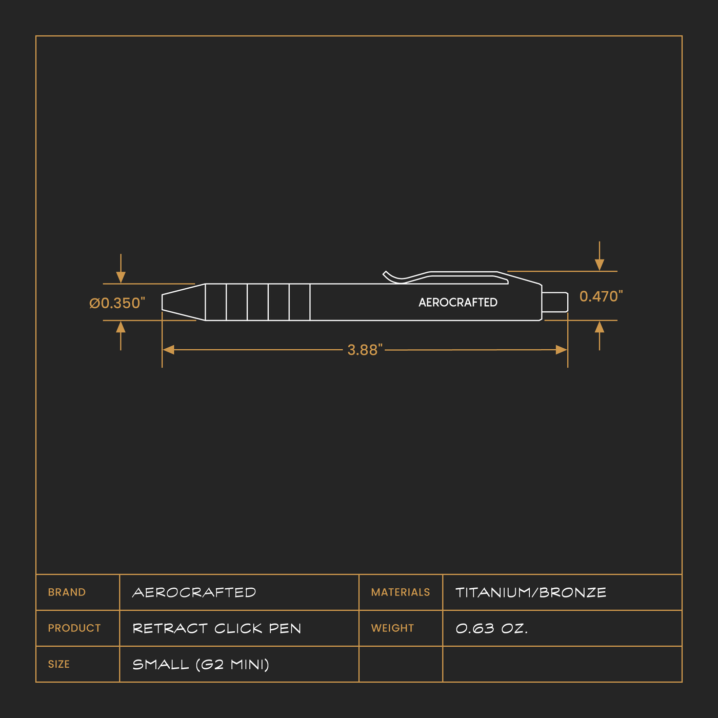a diagram showing the dimensions of the smallest titanium click pen made in the usa and designed by aerospace engineers #material_titanium-bronze