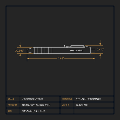 a diagram showing the dimensions of the smallest titanium click pen made in the usa and designed by aerospace engineers #material_titanium-bronze