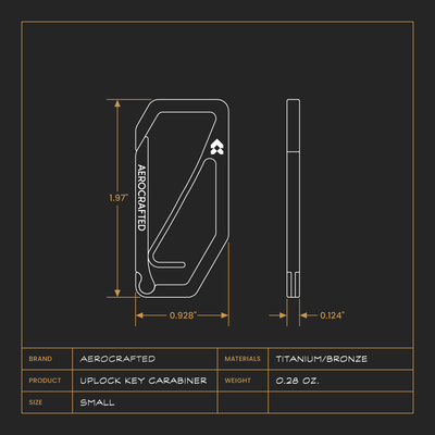 the small edc carabiner made by aerocrafted is called the uplock key carabiner and this shows it's dimensions #material_titanium-bronze
