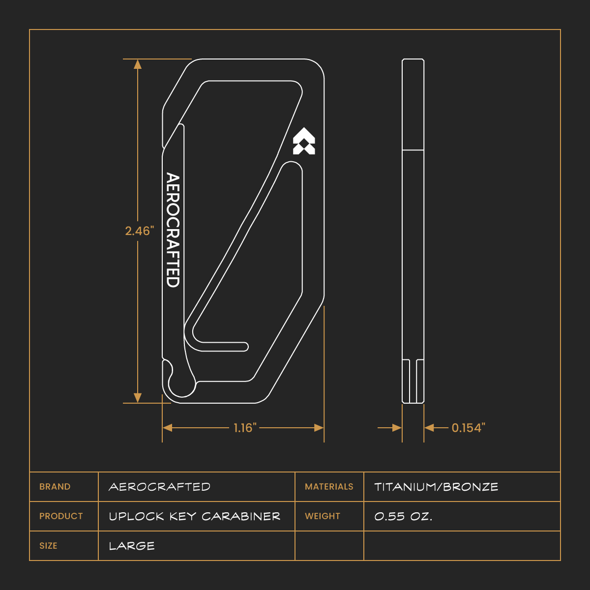 aerocrafted uplock key edc carabiner dimensions and graphic showing it's weight height thickness and the materials being titanium and bronze #material_titanium-bronze