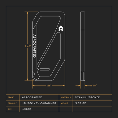 aerocrafted uplock key edc carabiner dimensions and graphic showing it's weight height thickness and the materials being titanium and bronze #material_titanium-bronze